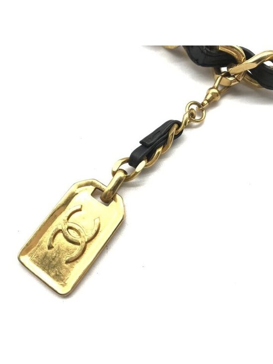 Chanel Logo Plate Gold Vintage Leather Chain Belt Black